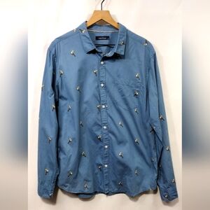 Highlander Bird Print Button Shirt Mens XL Blue Casual Comfy Vacation Retro